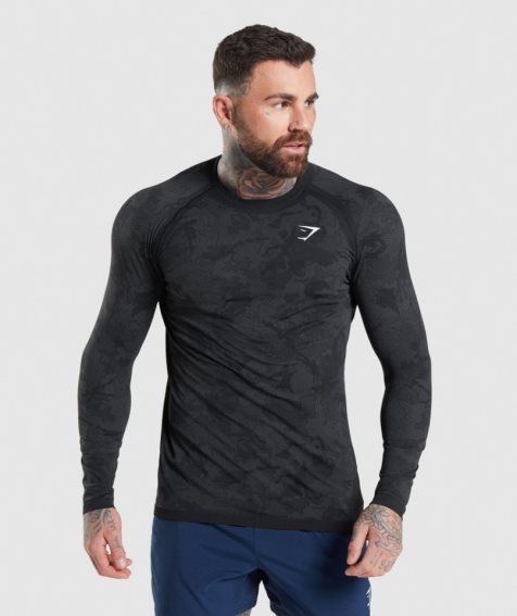 Camiseta Gymshark Geo Seamless Long Sleeve Hombre Negros | MX 587CFB